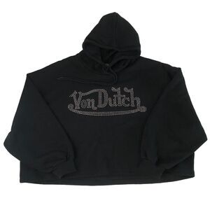 Von Dutch Women Y2K Rhinestone Cropped Pullover Oversized Hoodie Black Large NWT